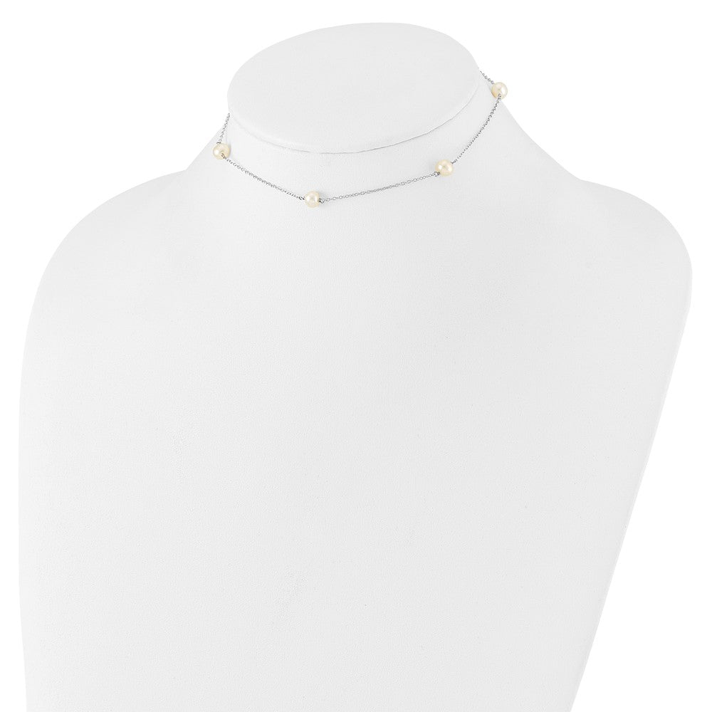 Sterling Silver Rhodium-plated 5-5.5mm White Semi-Round Freshwater Cultured Pearl 5-Station Children's 12 inch Necklace