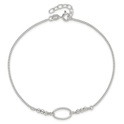 Sterling Silver Oval Link and Beads 9 inch Plus 1 inch Extender - Total 10 inch Anklet