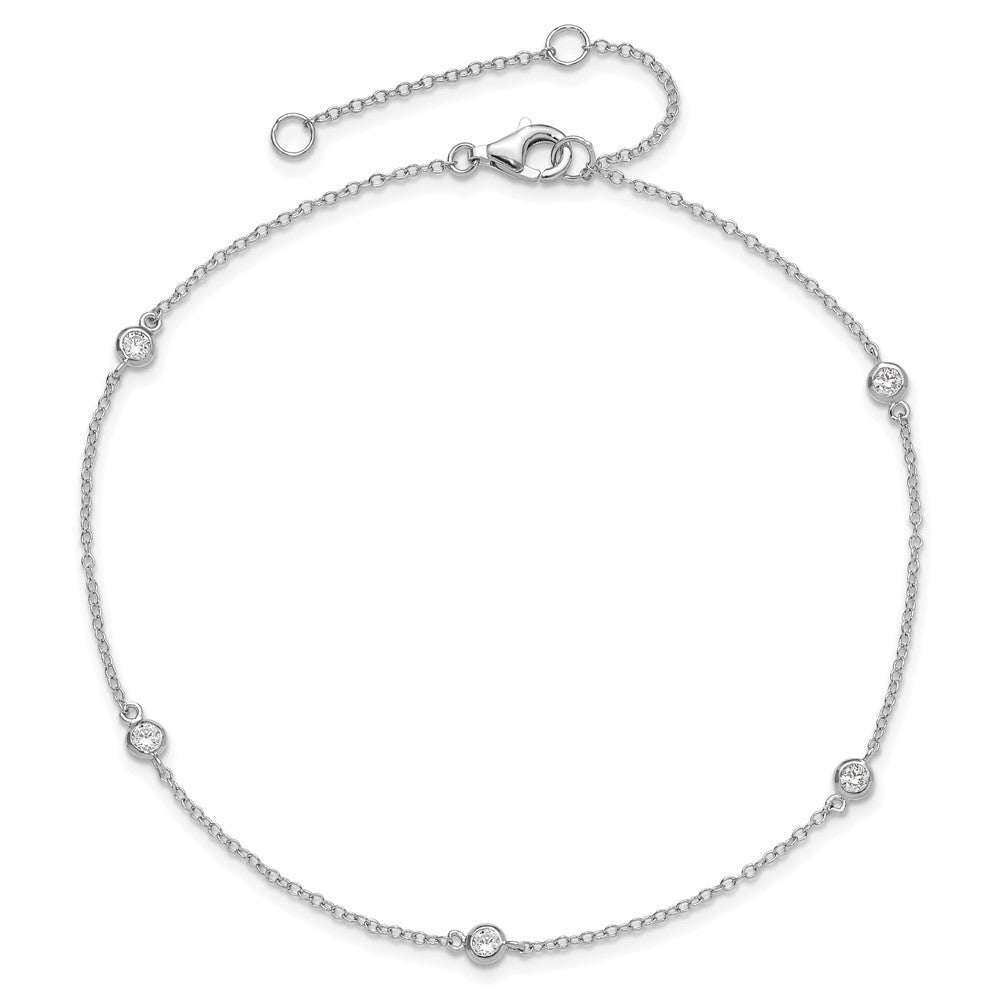 Sterling Silver Rhodium-plated Bezel CZ 5-Station 9 inch Plus 2 inch Extender  - Total 11 inch Anklet