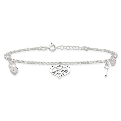 Sterling Silver Love Dangles 9 inch Plus 1 inch Extender - Total 10 inch Anklet