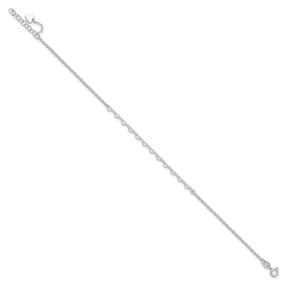 Sterling Silver Heart Link 9 inch Plus 1 inch Extender - Total 10 inch Anklet