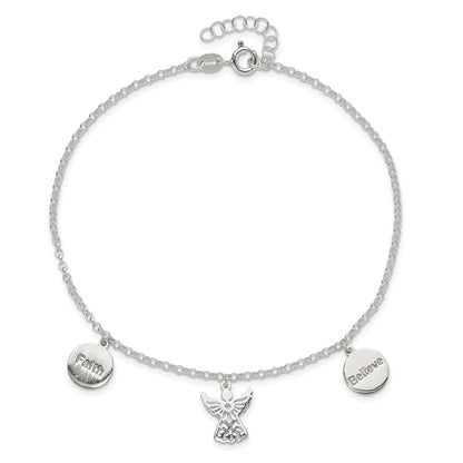 Sterling Silver Faith/Believe/Angel 9 inch Plus 1 inch Extender - Total 10 inch Anklet