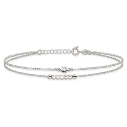 Sterling Silver 2-Strand Beaded CZ 9 inch Plus 1 inch Extender - Total 10 inch Anklet