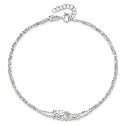 Sterling Silver 2-Strand Beaded CZ 9 inch Plus 1 inch Extender - Total 10 inch Anklet