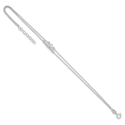 Sterling Silver 2-Strand Beaded CZ 9 inch Plus 1 inch Extender - Total 10 inch Anklet
