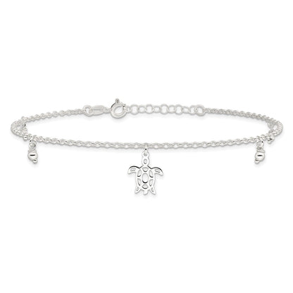 Sterling Silver Turtle and Beads 9 inch Plus 1 inch Extender - Total 10 inch Anklet