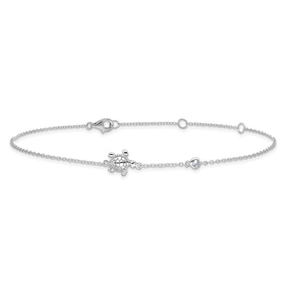 Sterling Silver Rhodium-plated CZ Turtle 9 inch Plus 2 inch Extender - Total 11 inch Anklet