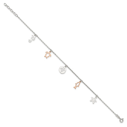 Sterling Silver Rose-tone Seashore Charms 9 inch Plus 1 inch Extender - Total 10 inch Anklet