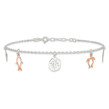 Sterling Silver Rose-tone Seashore Charms 9 inch Plus 1 inch Extender - Total 10 inch Anklet