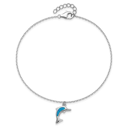 Sterling Silver Rhodium-plated Created Opal Dolphin 9 inch Plus 1 inch Extender - Total 10 inch Anklet