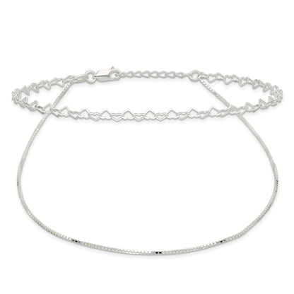 Sterling Silver 2-Strand Heart Link 9 inch Plus 1 inch Extender - Total 10 inch Anklet