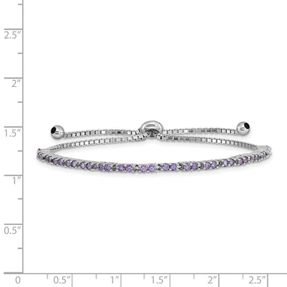 Sterling Silver Rhod-plated February Purple CZ Adjustable Bracelet