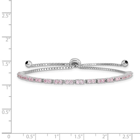 Sterling Silver Rhodium-plated October Pink CZ  Adjustable Bracelet