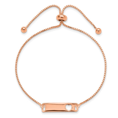 Sterling Silver Rose Gold-tone Polished Bar w/ Heart Adjustable Bracelet
