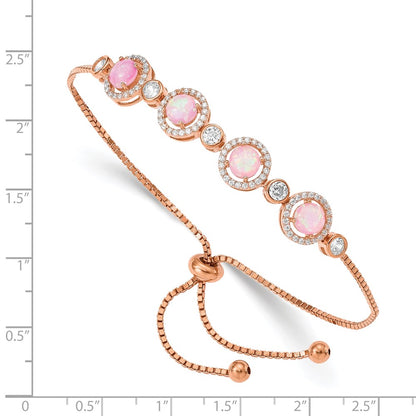 Sterling Silver Rose-tone Created Opal and CZ Adjustable Bracelet