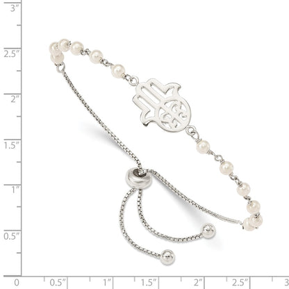 Sterling Silver Hamsa w/ Simulated Pearl Adjustable Bracelet