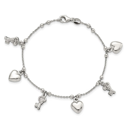Sterling Silver Rhodium-plated Heart and Key Dangle 6.75in Bracelet
