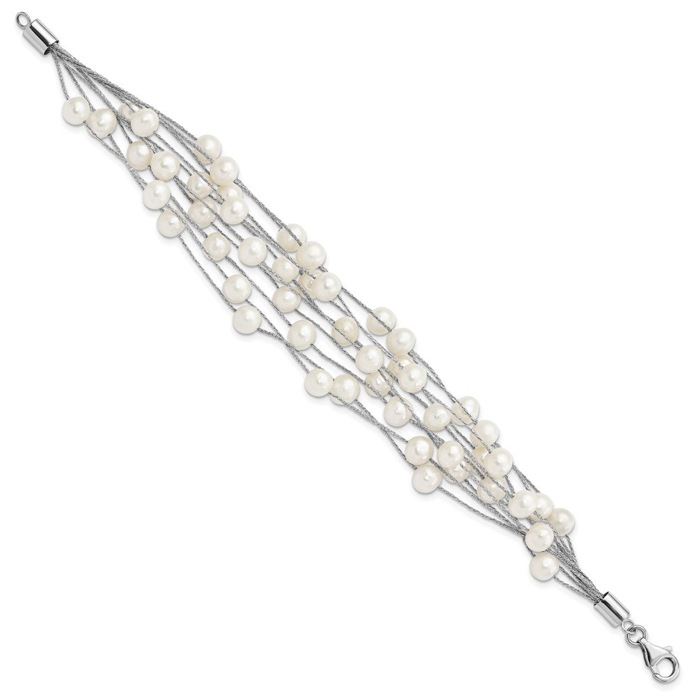 Sterling Silver Rhodium-plated 5-6mm White Semi-Round Freshwater Cultured Pearl Multi Strand 7.25 inch Bracelet