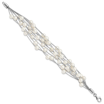 Sterling Silver Rhodium-plated 5-6mm White Semi-Round Freshwater Cultured Pearl Multi Strand 7.25 inch Bracelet