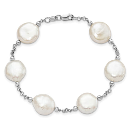 Sterling Silver Rhodium-plated 12-13mm White Coin Freshwater Cultured Pearl 6-Station 7.5 inch Bracelet