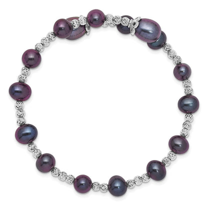 Sterling Silver Rhodium-plated 6-7mm and 8mm Black Teardrop and Near-Round Freshwater Cultured Pearl Wrap Flexible Bangle