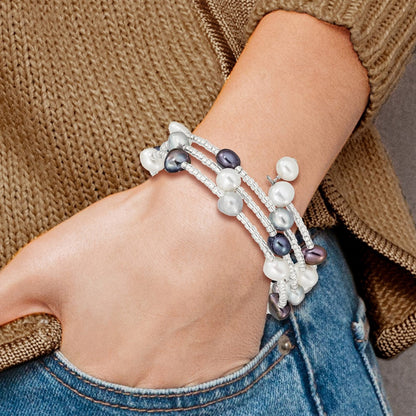 7-8mm Black, Grey and White Baroque Freshwater Cultured Pearl and Glass Beaded 3-row Warp Bracelet