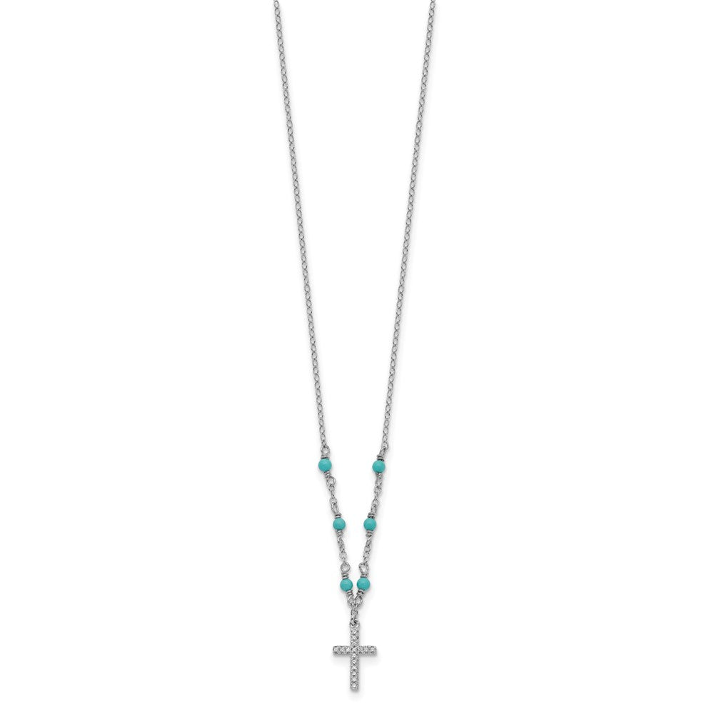 Sterling Silver RH-plated CZ Cross Synth. Turquoise 2in ext Necklace
