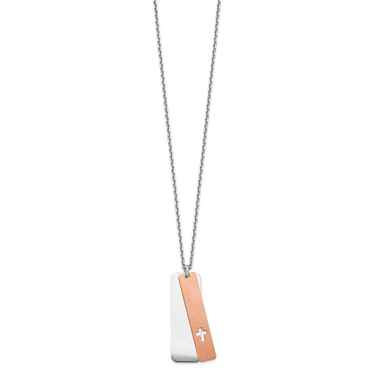Sterling Silver RH-plated Dogtag w/Rose-tone Cross w/1.25in ext Necklace