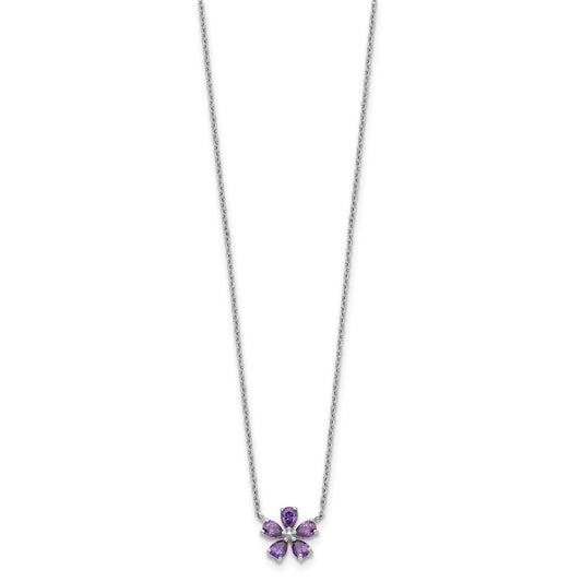 Sterling Silver Polished Purple CZ Flower 18 inch Necklace