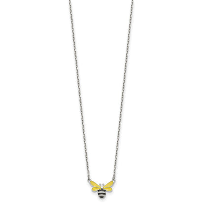 Sterling Silver Polished Yellow & Black Enameled Bumblebee with 2 Inch Extension Children's Necklace