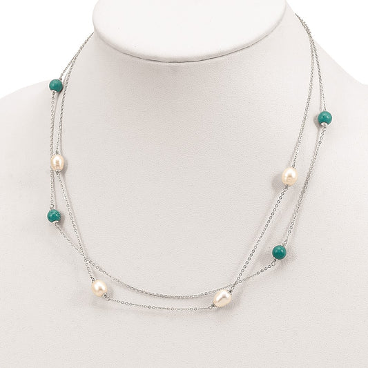 Sterling Silver Rhod-plated Turquoise/FWC Pearl w/2 in ext Necklace