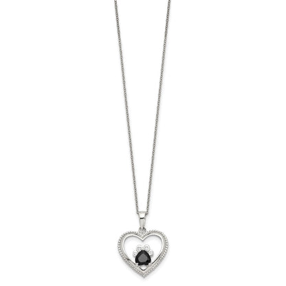 Sterling Silver Black and White CZ Heart with Paw Print 18 inch Necklace