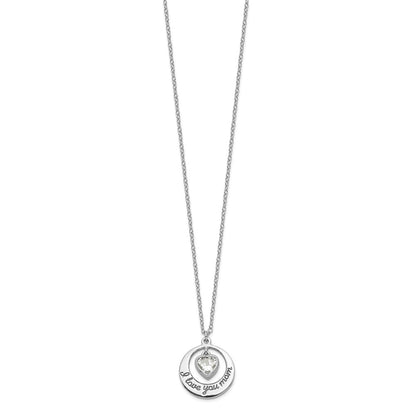 Sterling Silver Rhodium-plated I LOVE YOU MOM with CZ Heart Dangle 15 inch Necklace with 2 inch extension