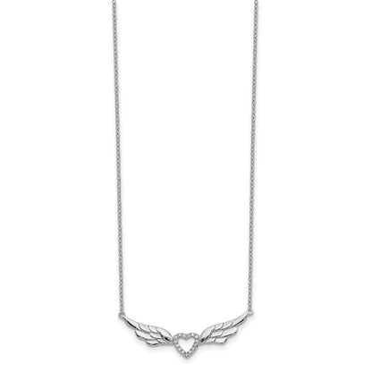 Sterling Silver Rhodium-plated CZ Heart with Wings 16 inch Necklace with 1 inch extension