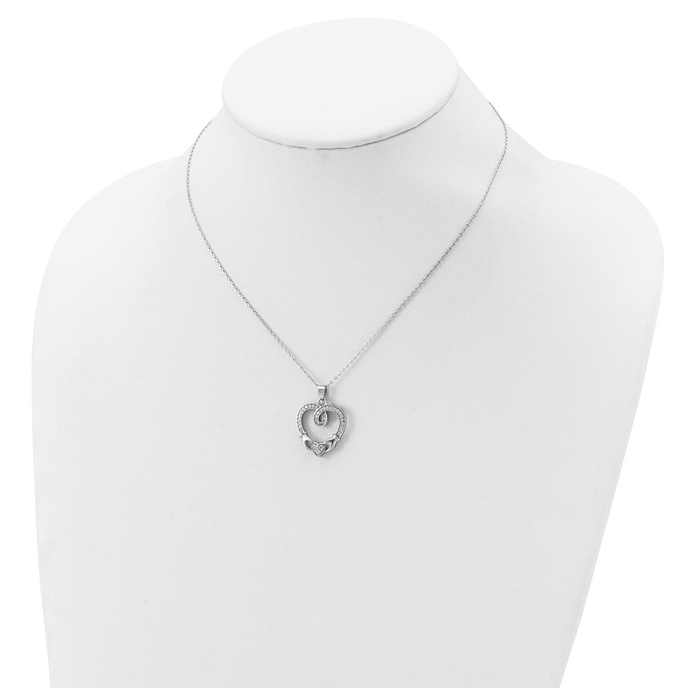 Sterling Silver Rhod-plated Claddagh Heart CZ  W/ 1 in ext.Necklace