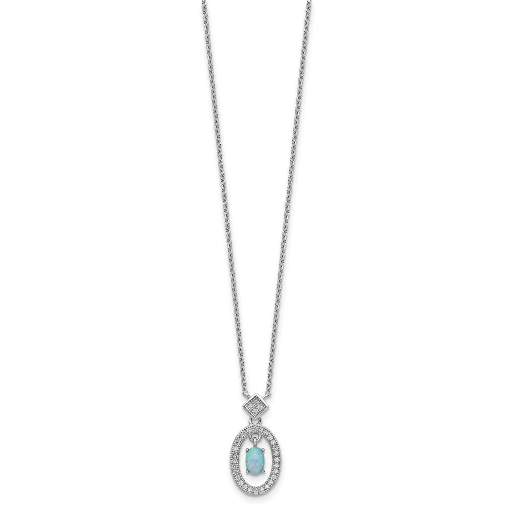 Sterling Silver Rhodium-plated Clear CZ Oval with Lab Created Opal Oval Dangle 16 inch Necklace with 2 inch extension