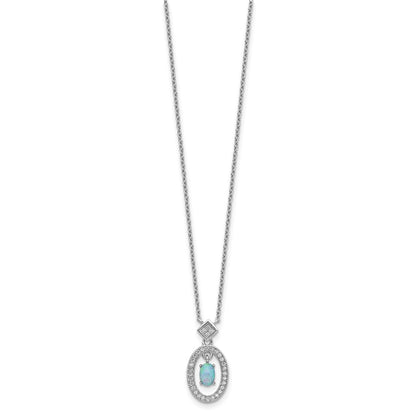 Sterling Silver Rhodium-plated Clear CZ Oval with Lab Created Opal Oval Dangle 16 inch Necklace with 2 inch extension