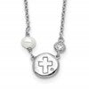 Sterling Silver RH-plated CZ/Cross/FWC Pearl w/2in ext Necklace