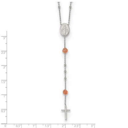 Sterling Silver RH-plated Beaded Rosary with Rose-tone Roses Necklace