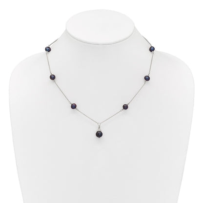 Sterling Silver Rhodium-plated 9-10mm Black Semi-Round Freshwater Cultured Pearl 18 inch Necklace and Dangle Earrings Set