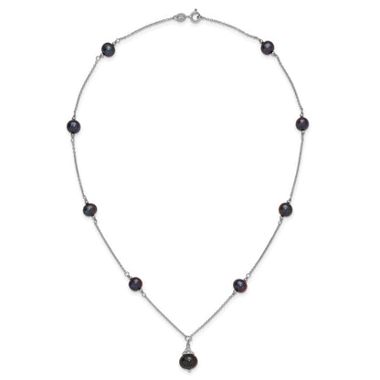 Sterling Silver Rhodium-plated 9-10mm Black Semi-Round Freshwater Cultured Pearl 18 inch Necklace and Dangle Earrings Set