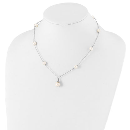 Sterling Silver Rhodium-plated 9-10mm White Near-Round Freshwater Cultured Pearl 18 inch Necklace and Dangle Earrings Set