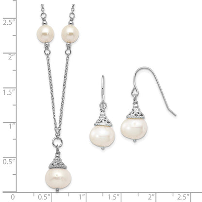 Sterling Silver Rhodium-plated 9-10mm White Near-Round Freshwater Cultured Pearl 18 inch Necklace and Dangle Earrings Set