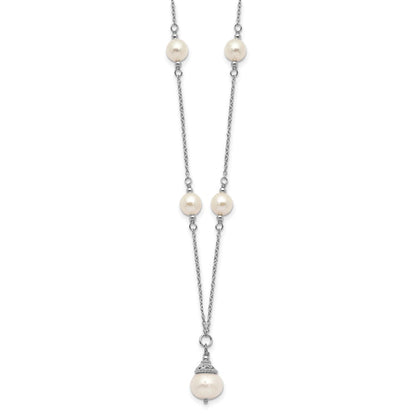 Sterling Silver Rhodium-plated 9-10mm White Near-Round Freshwater Cultured Pearl 18 inch Necklace and Dangle Earrings Set