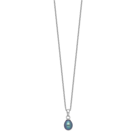 Sterling Silver Rhodium-plated 6-7mm Black Teardrop Freshwater Cultured Pearl 17 inch Necklace and Button Post Earrings Set