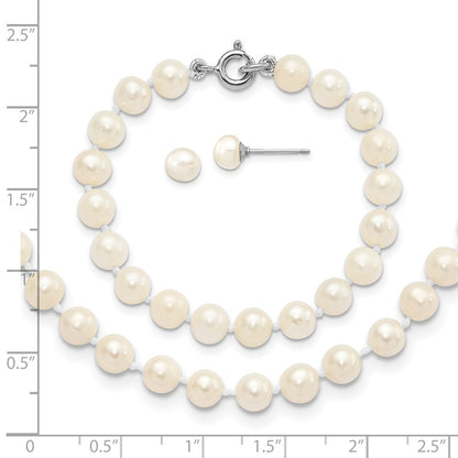 Sterling Silver Madi K Rhodium-plated 5-6mm White Semi-Round Freshwater Cultured Pearl 12 inch Necklace, 4 inch Bracelet & Button Post Earrings Set