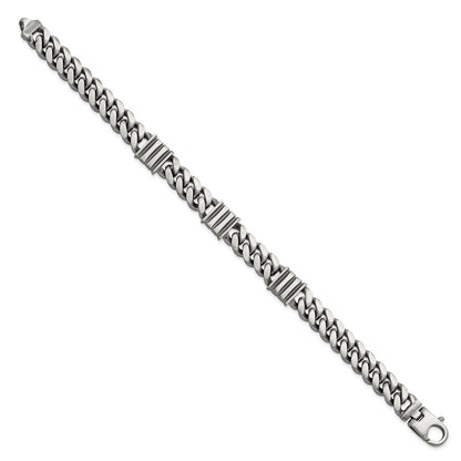 Sterling Silver Mens Antiqued Brushed Curb/Bar Bracelet