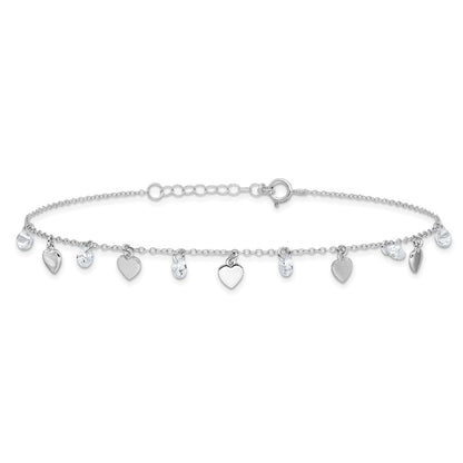 Sterling Silver Rhodium-plated Hearts and CZ 8.75 inch Plus 1 inch Extender - Total 9.75 inch Anklet