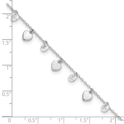 Sterling Silver Rhodium-plated Hearts and CZ 8.75 inch Plus 1 inch Extender - Total 9.75 inch Anklet