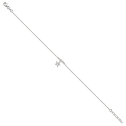 Sterling Silver CZ Star and Beads 9 inch Plus 1 inch Extender - Total 10 inch Anklet